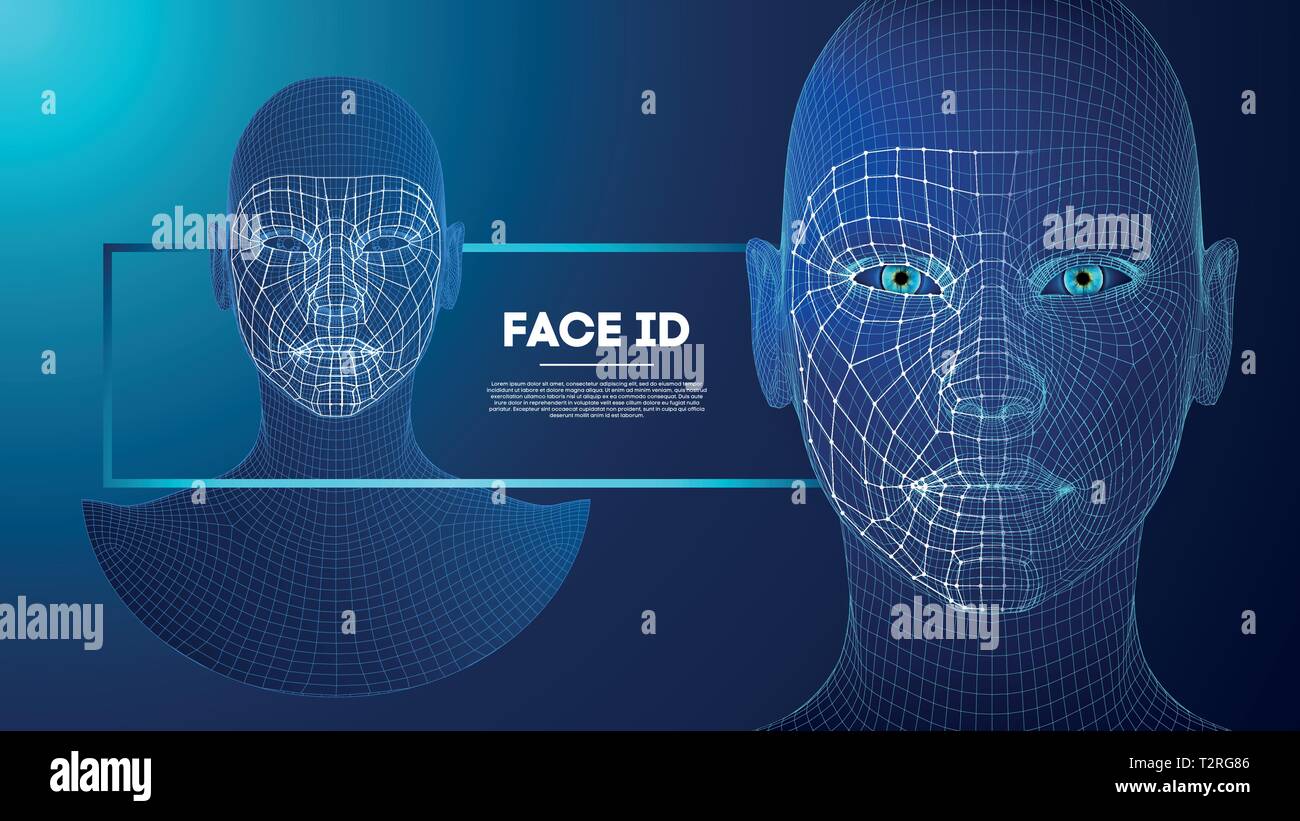 Les yeux bleus du robot android avec iris détaillées et élève. la reconnaissance faciale avec capteur et faire face à l'identité. Illustration de Vecteur