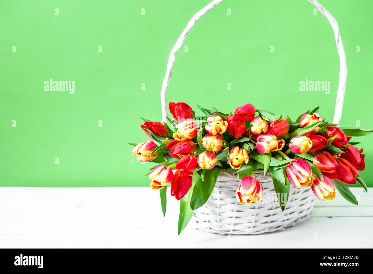 Printemps tulipe de Pâques dans un panier. Bouquet de fleurs, la fête des mères, arrière-plan. Banque D'Images