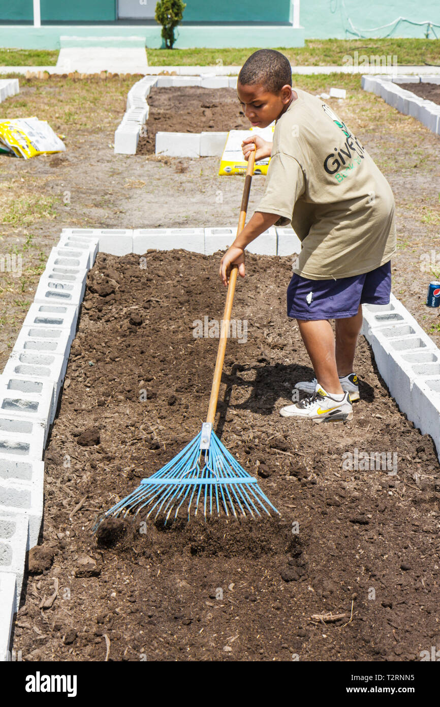 Miami Florida,Liberty City,Square,public hoceremony,dévouement,jardin communautaire,terrain,allotement,urbain,jardinage,mouvement vert,Black boy garçons hommes enfants Banque D'Images
