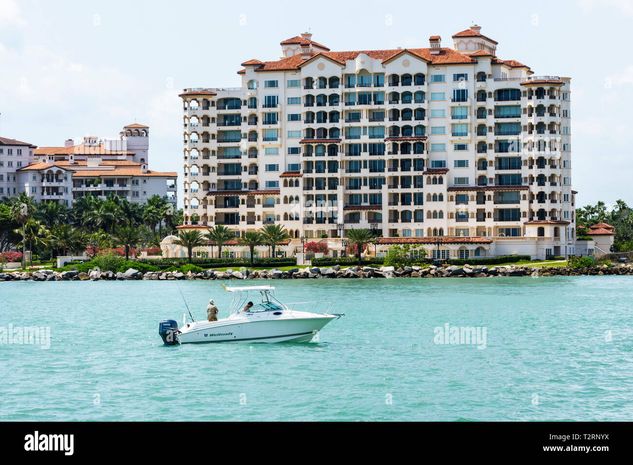 Miami Beach Florida,South Pointe Park,point,Atlantic Ocean Water Gouvernement Cut,Fisher Island,vue,condominiums condo condos résidentiel r Banque D'Images