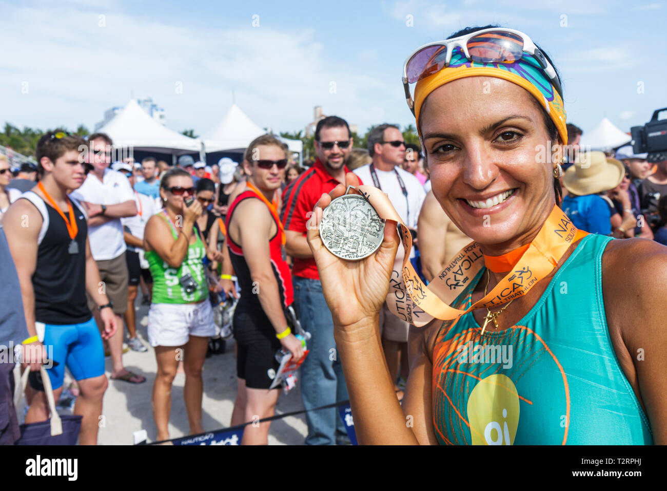 Miami Beach Florida,Lummus Park,Nautica South Beach Triathlon,sport,fitness,athlète,concurrent,gagnant,Fernanda Keller,Brésil,triathlète,2e,deuxième pla Banque D'Images