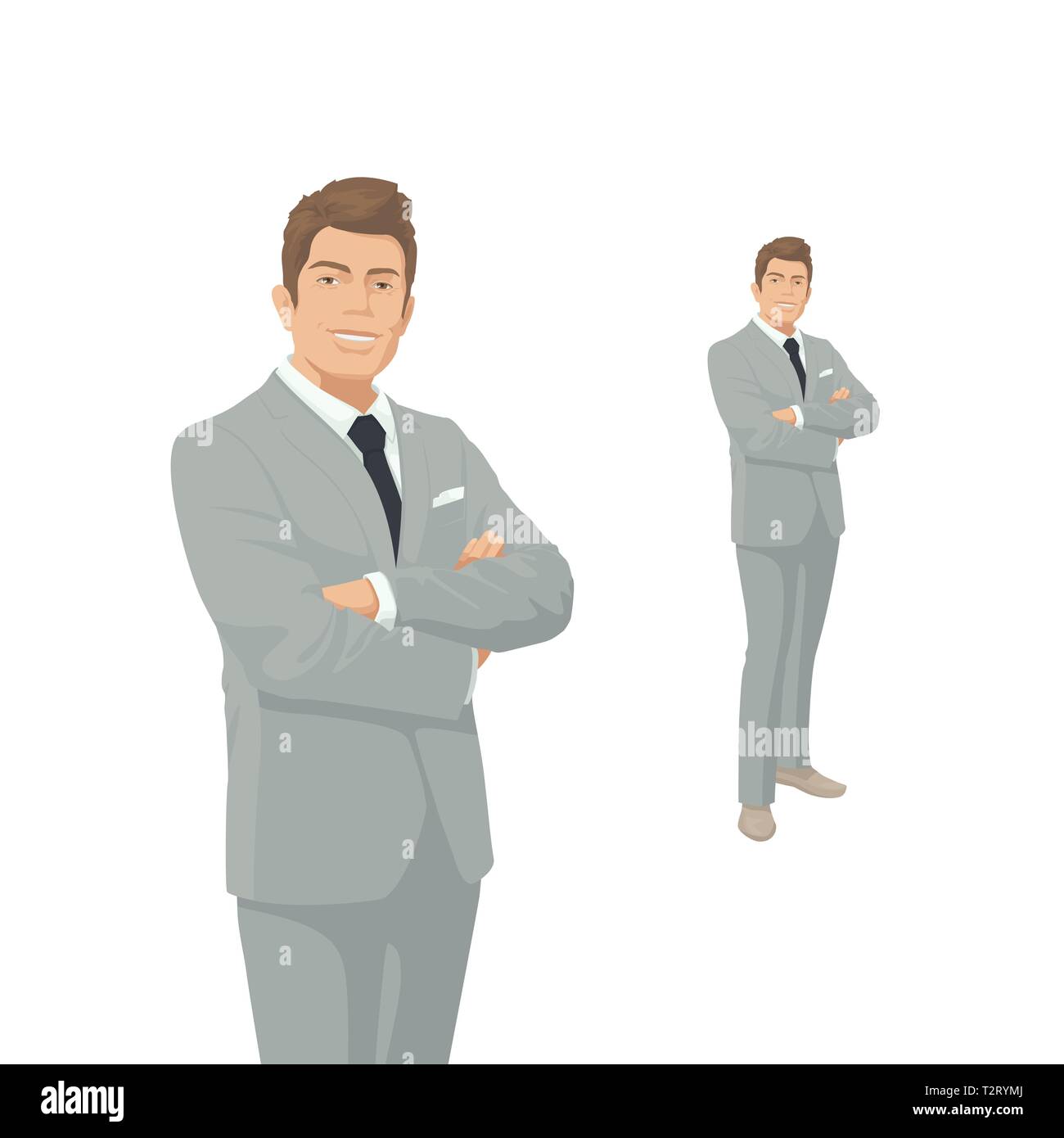 Elegant businessman en costume gris. Patron, directeur, homme d'affaires. Sourire. Caractères des gens. Portrait de pleine longueur. Vue avant l'homme. Personne debout. Illustration de Vecteur