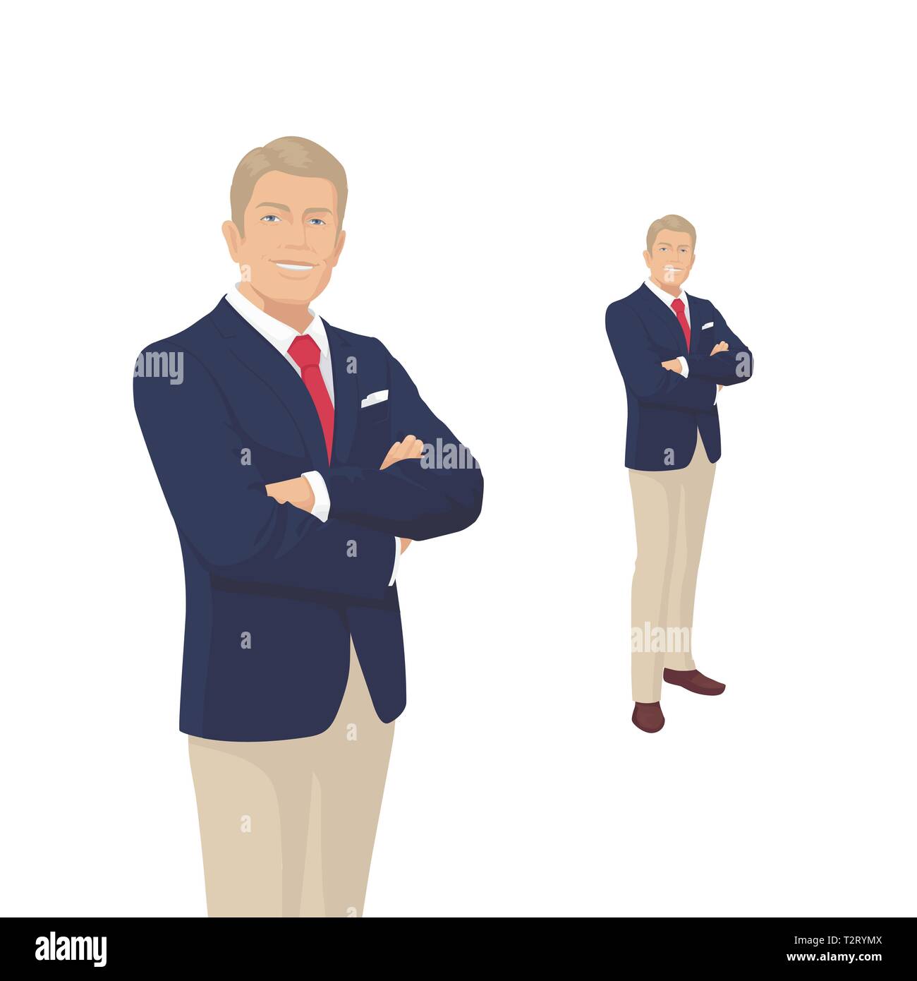 Elegant businessman en costume bleu. Patron, homme d'affaires. Sourire. Caractères des gens. Portrait de pleine longueur. Vue avant l'homme. Personne debout. Isolées. Illustration de Vecteur