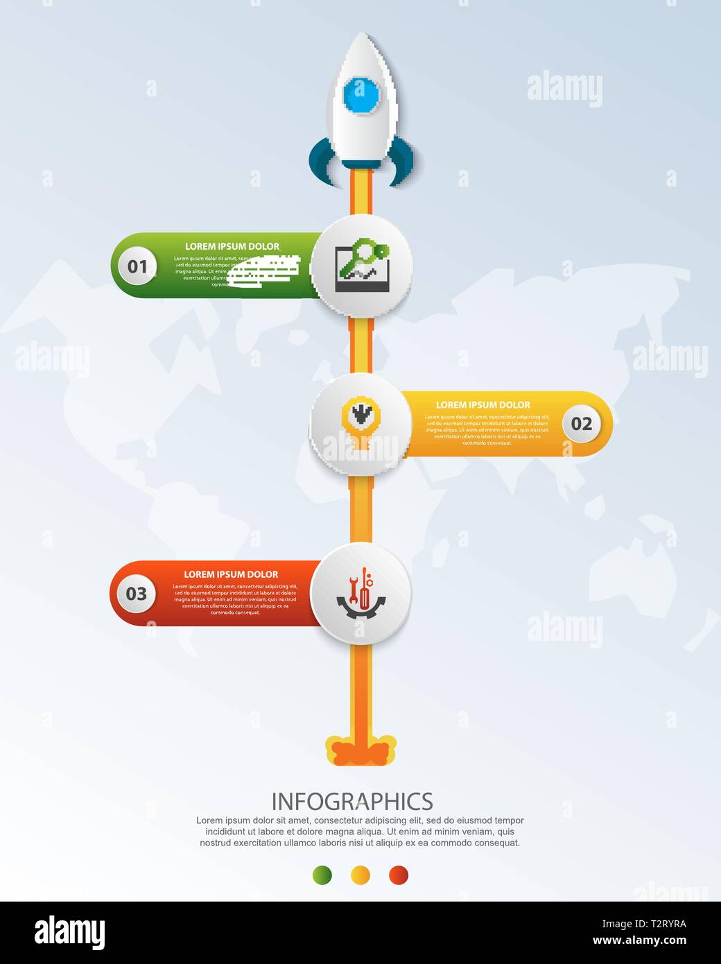 Chronologie des infographies de démarrage avec trois cercles et icônes de modèle. Illustration 3D de vecteur fusée sur un fond bleu. Utilisée pour l'entreprise, de la planification Illustration de Vecteur