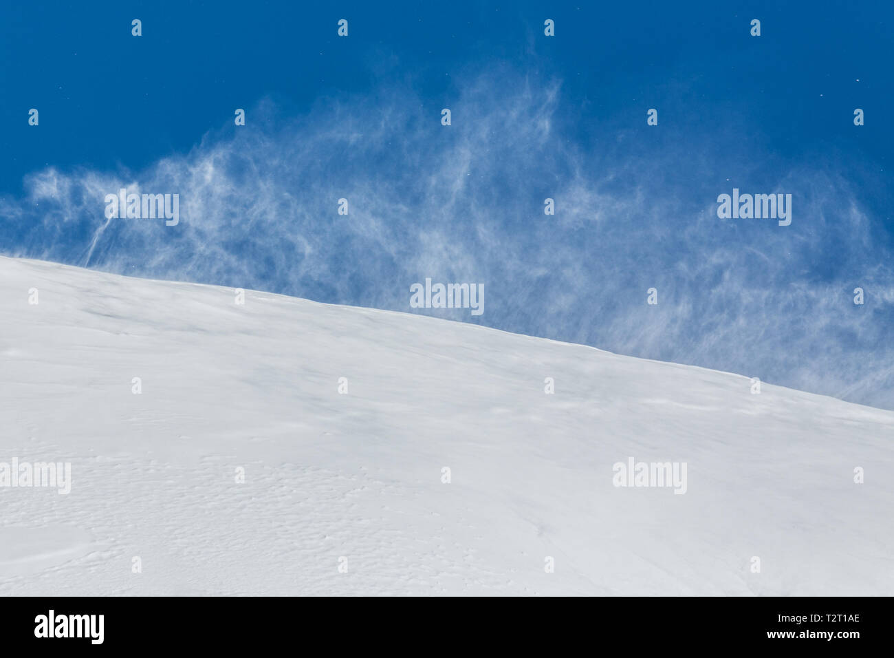Fort vent dispersant la neige en hiver, le ciel bleu Banque D'Images