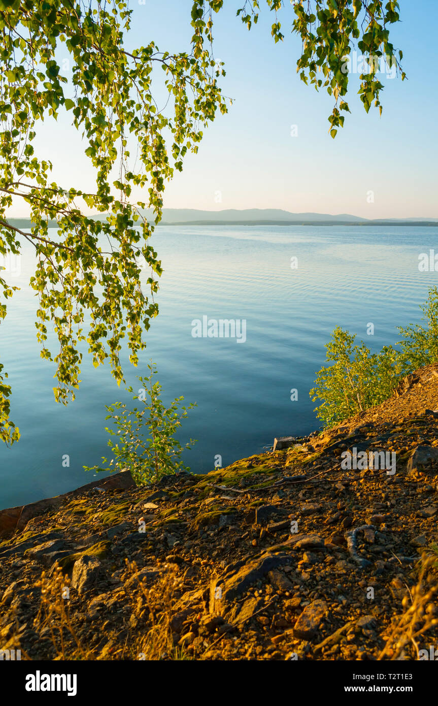 Paysage d'été - Vue du coucher de soleil d'été lac encadrée par des bouleaux. Ssunset Irtyash sur le lac dans le sud de l'Oural, Russie Banque D'Images