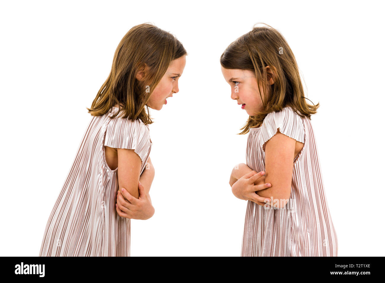 Soeurs jumelles identiques se disputent à crier après l'autre. Les filles sont en colère crier, crier et se disputer avec expression des émotions sur des visages. Fron Banque D'Images