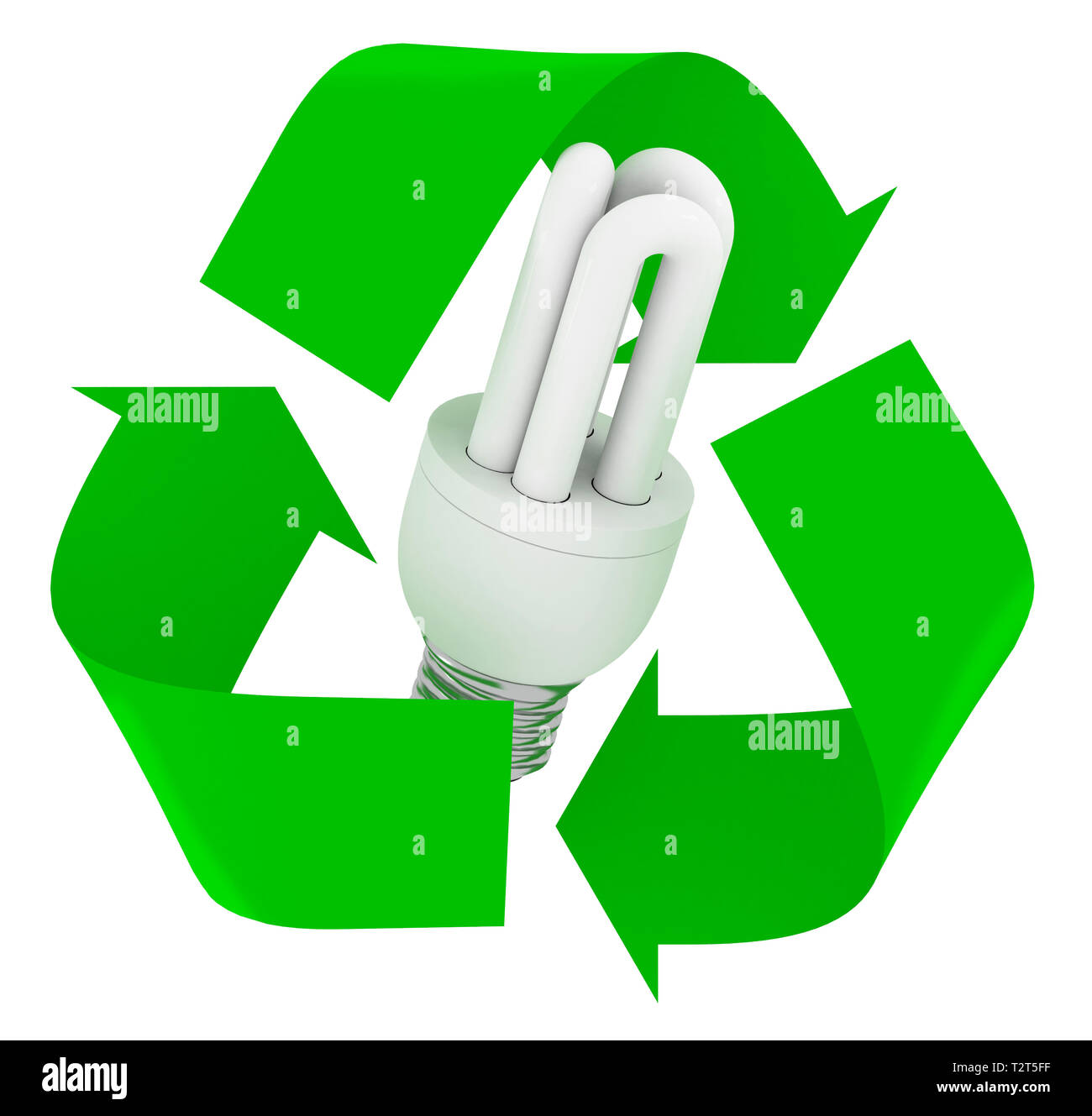 Symbole de recyclage vert avec luminescents à l'intérieur de l'ampoule, isolé 3d illustration. Banque D'Images