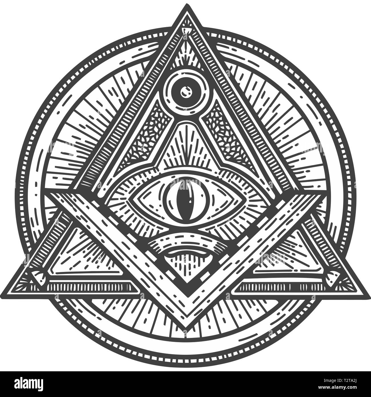 Quare et occultisme maçonnique compas noir blanc eye of providence illuminati illustration Banque D'Images