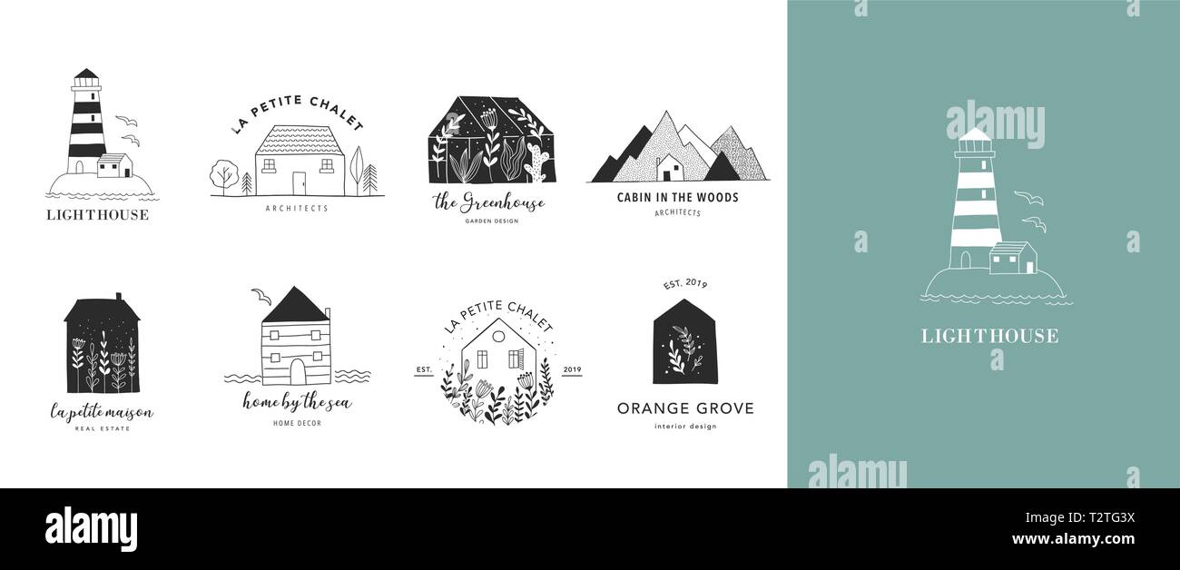 Collection de la maison d'accueil à la main, logos et icônes, jardins et cabines. Illustrations vectorielles Illustration de Vecteur