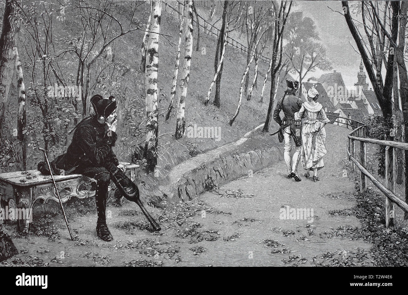 Blessures de guerre avec agent, jambe de bois, se trouve malheureusement sur une banque et s'intéresse à un couple dans l'amour, Offizier Holzbein Kriegsverletzung, mit, sitzt auf einer Bank traurig schaut und einem verliebten Paar nach Banque D'Images