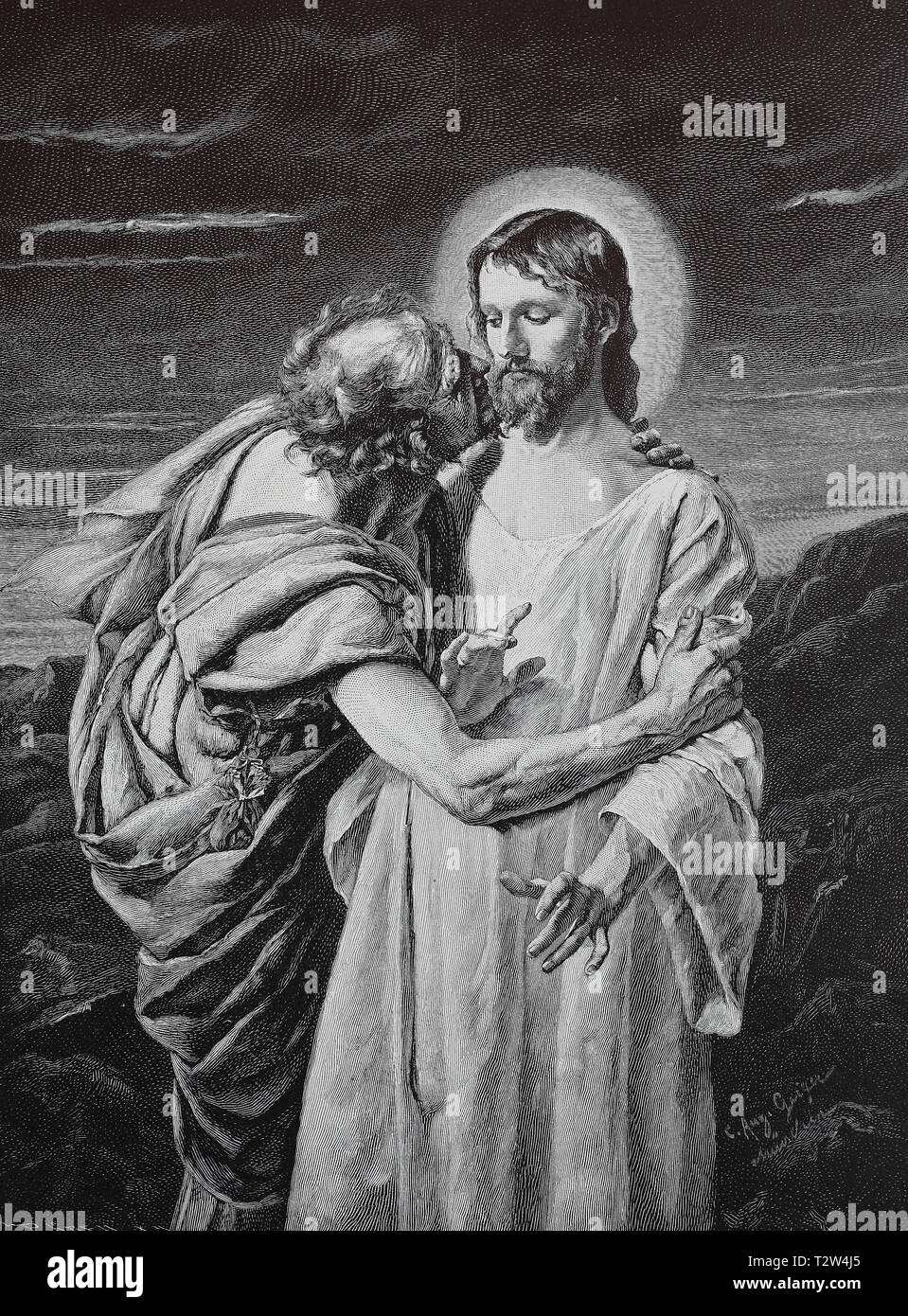 Judas trahissant Jésus avec un baiser comme un signal pour arrêter Jésus, Der Judaskuß Banque D'Images