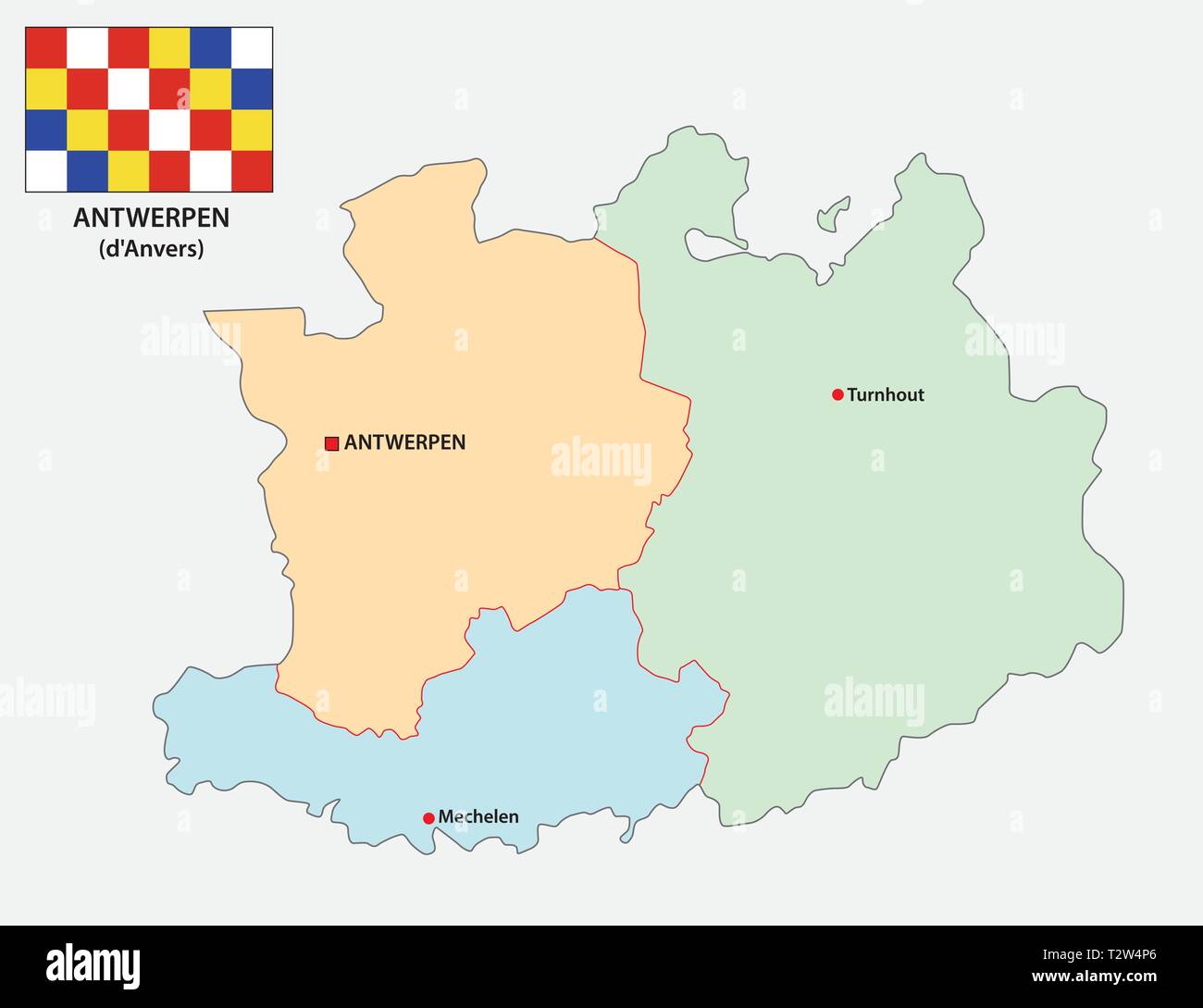 Carte vectorielle administrative et politique de la province belge de Anvers avec drapeau Illustration de Vecteur