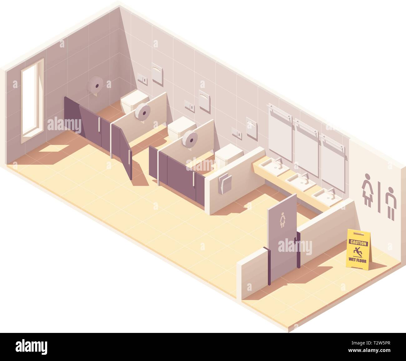 Les toilettes publiques isométrique vecteur prix. Bols dans des box, puits avec des miroirs et séchoir à main Illustration de Vecteur