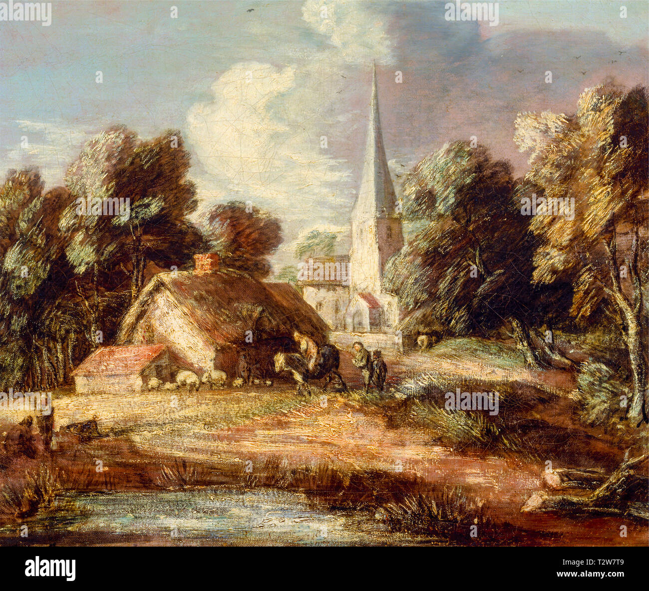 Thomas Gainsborough, Paysage avec cottage et de l'église, peinture, ch. 1771 Banque D'Images
