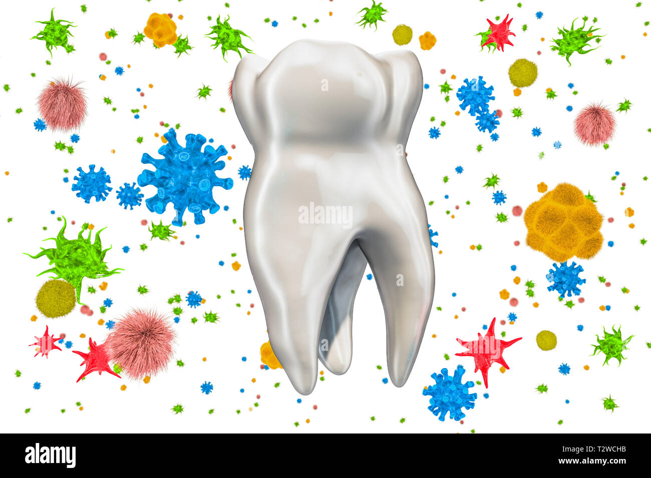 Dent avec les virus et bactéries. Caries, dents concept. Le rendu 3D isolé sur fond blanc Banque D'Images