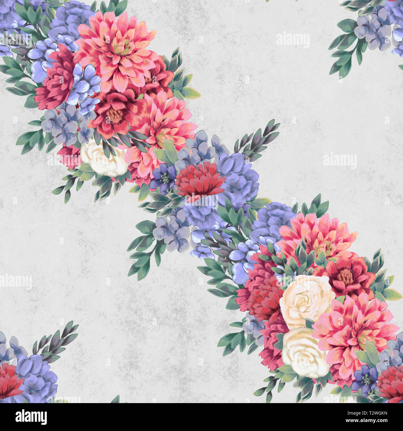 Vintage Floral pattern transparente. Rose, bleu et blanc de fleurs et feuilles pour tissu sur fond bleu Banque D'Images
