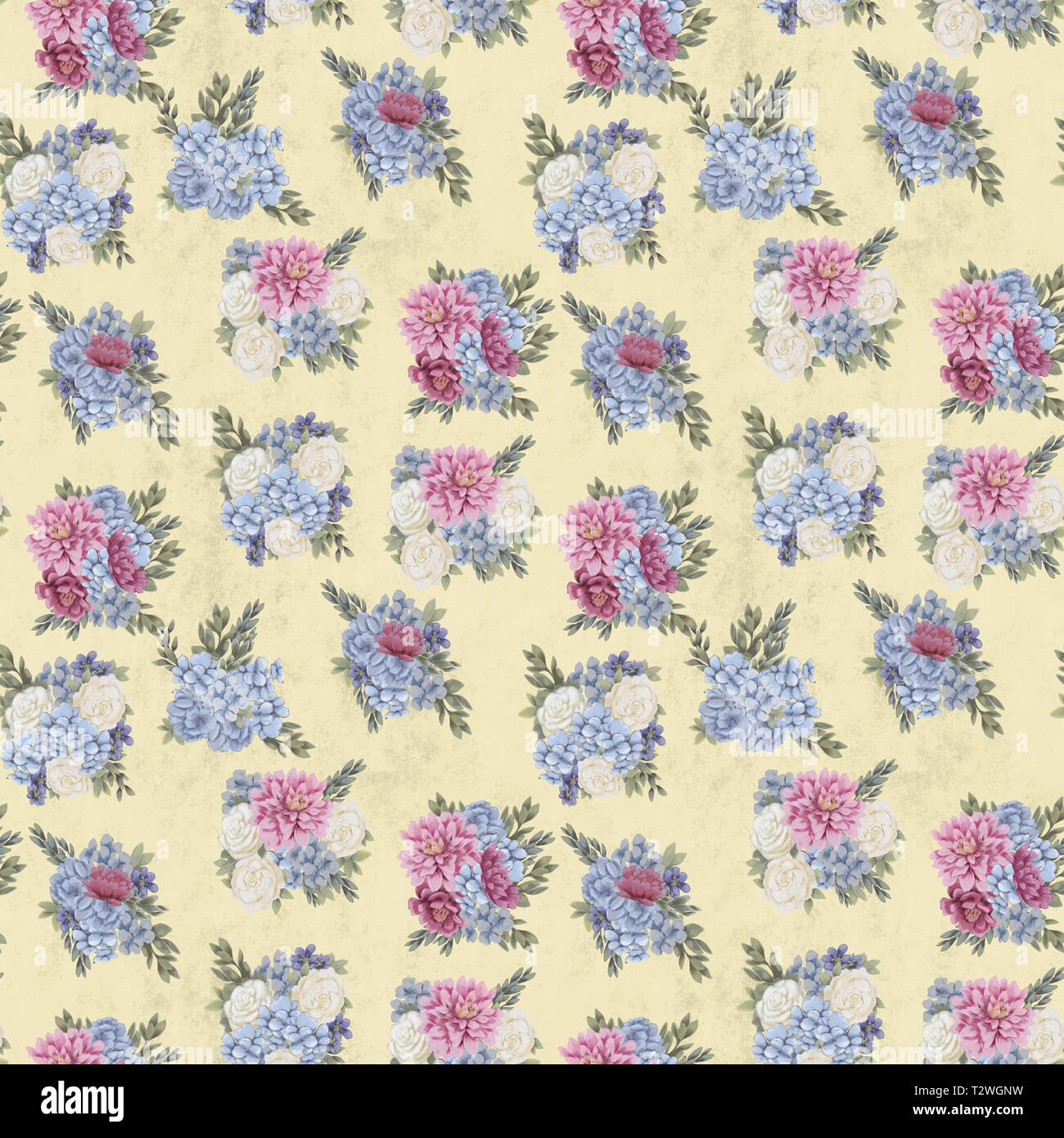 Vintage Floral pattern transparente. La main rose, bleu et blanc des fleurs et des feuilles pour le tissu. Couleurs délicates Banque D'Images