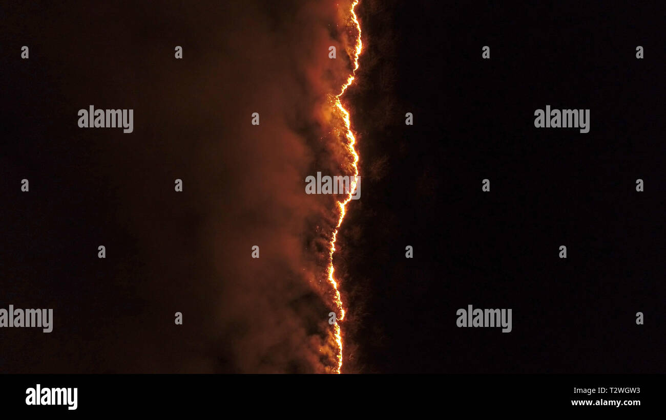 Feu de forêt la nuit, feu, fire, montagne, bois brûlé Banque D'Images