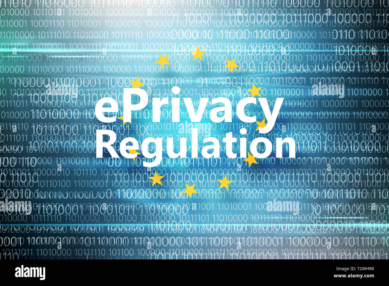 Règlement général sur la protection des données. Inscription en cercle d'étoiles jaunes sur fond bleu avec un code binaire Banque D'Images