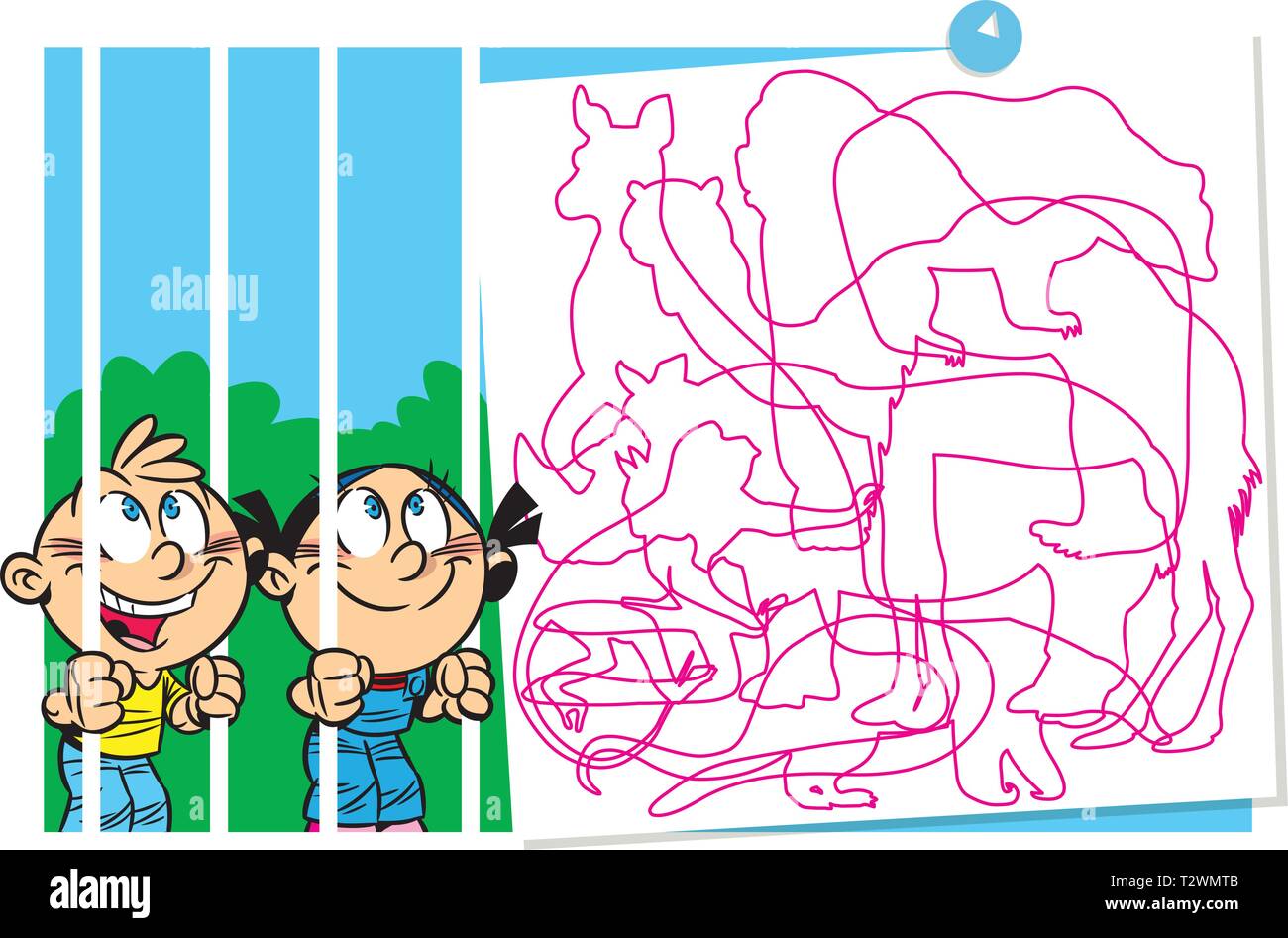 Dans l'illustration vectorielle, un puzzle avec des enfants dans un zoo animaux devine par silhouette. Illustration de Vecteur