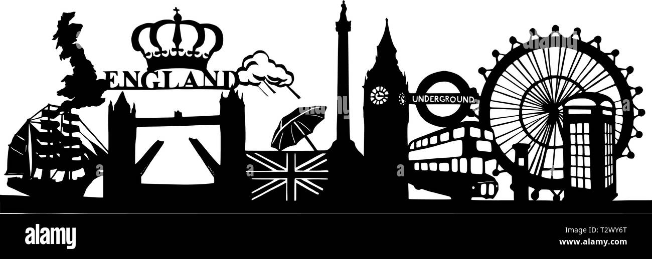 Silhouette des sites célèbres de Londres - Cityscape of London avec Tower Bridge, Big Ben et London Eye Illustration de Vecteur