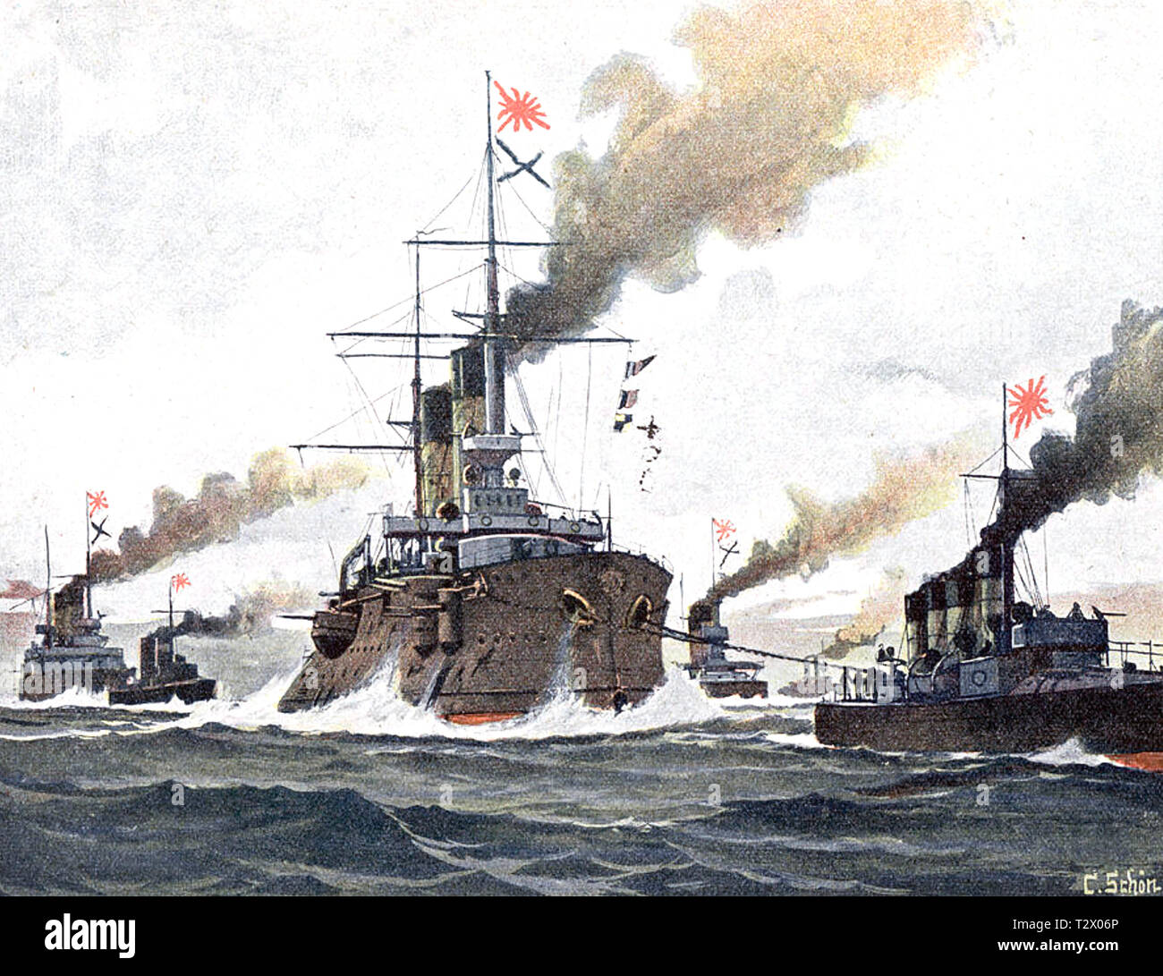 1904-1905 La guerre russo-japonaise. Cuirassés japonais en remorque avant la bataille de Tsushima, le détroit de mai 1905 Banque D'Images