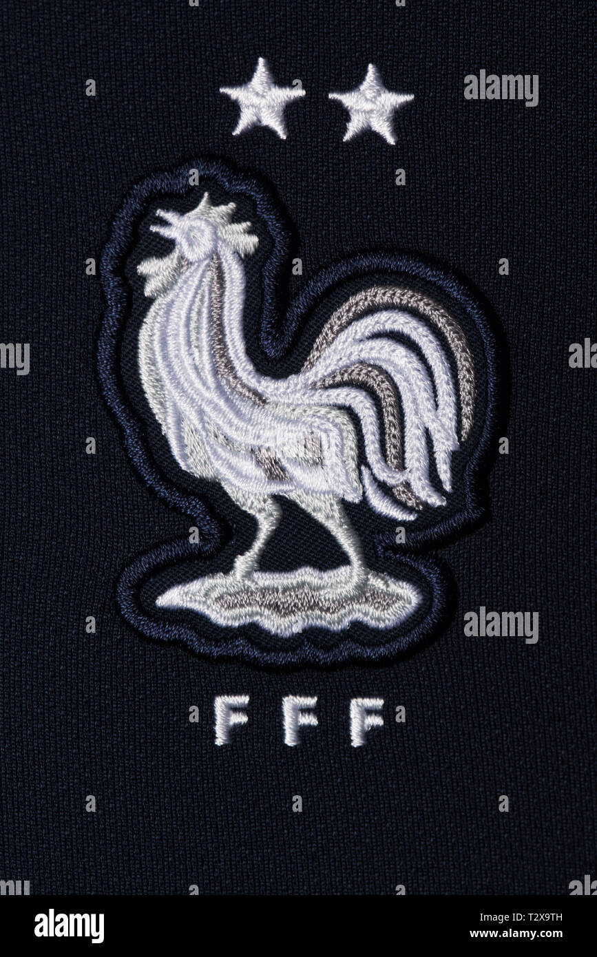 Close up de l'équipe nationale de football français kit. Coupe du Monde FIFA 2018. Banque D'Images