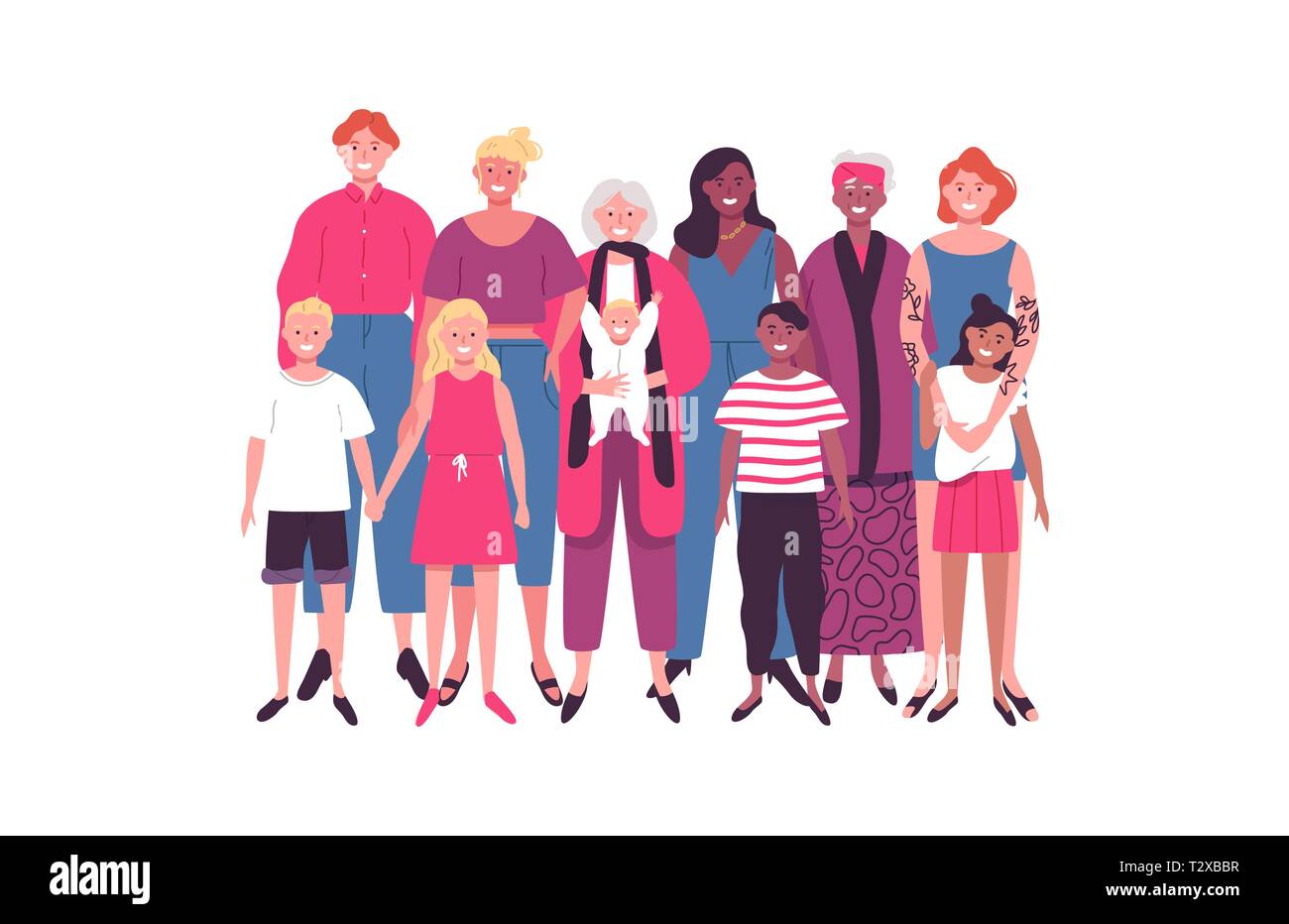 Diverses femmes Groupe de mamans et d'enfants pour des vacances en famille, la maternité concept ou la fête des mères. Illustration de Vecteur