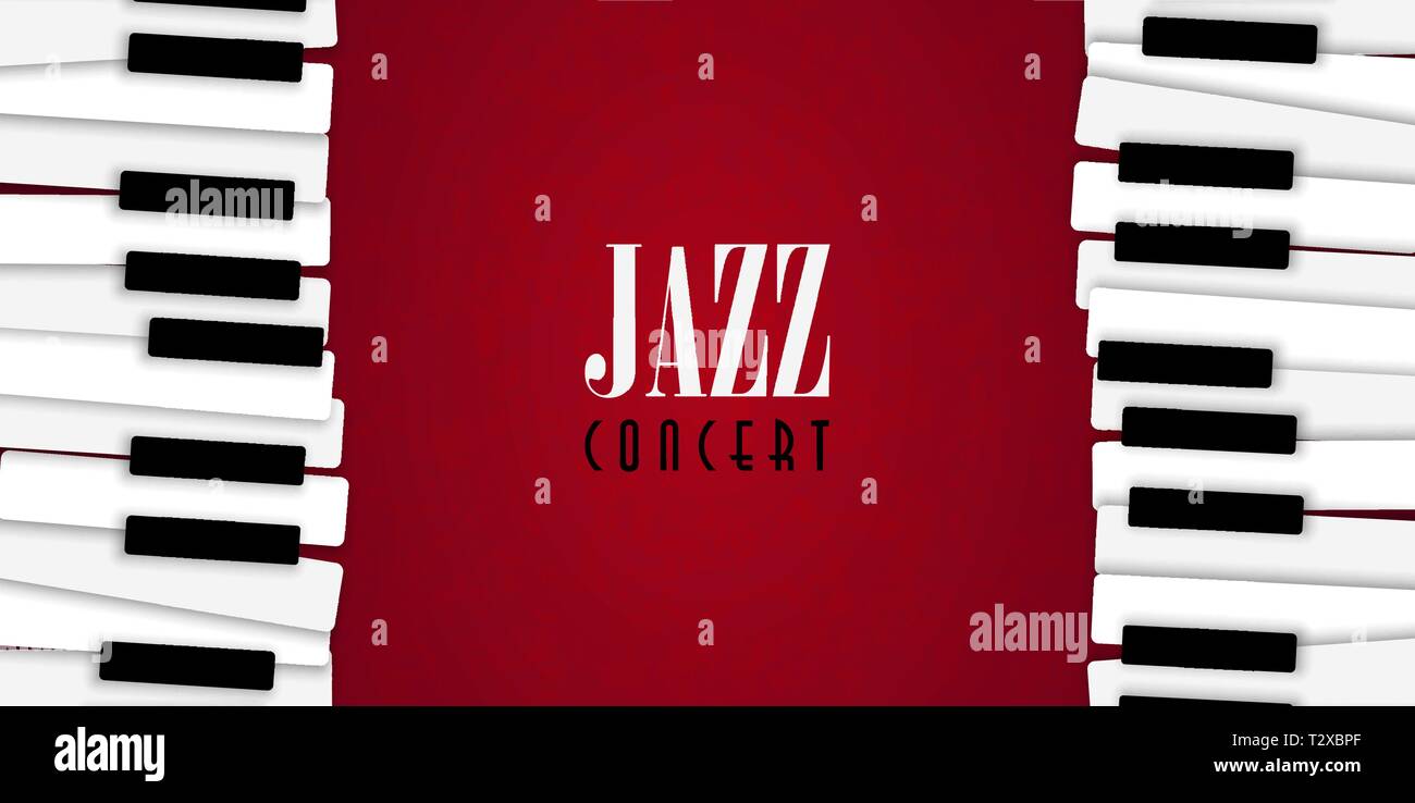 Illustration de l'affiche de concert de jazz, de touches de piano sur fond de couleur rouge pour la musique live invitation ou encore de festival. Illustration de Vecteur