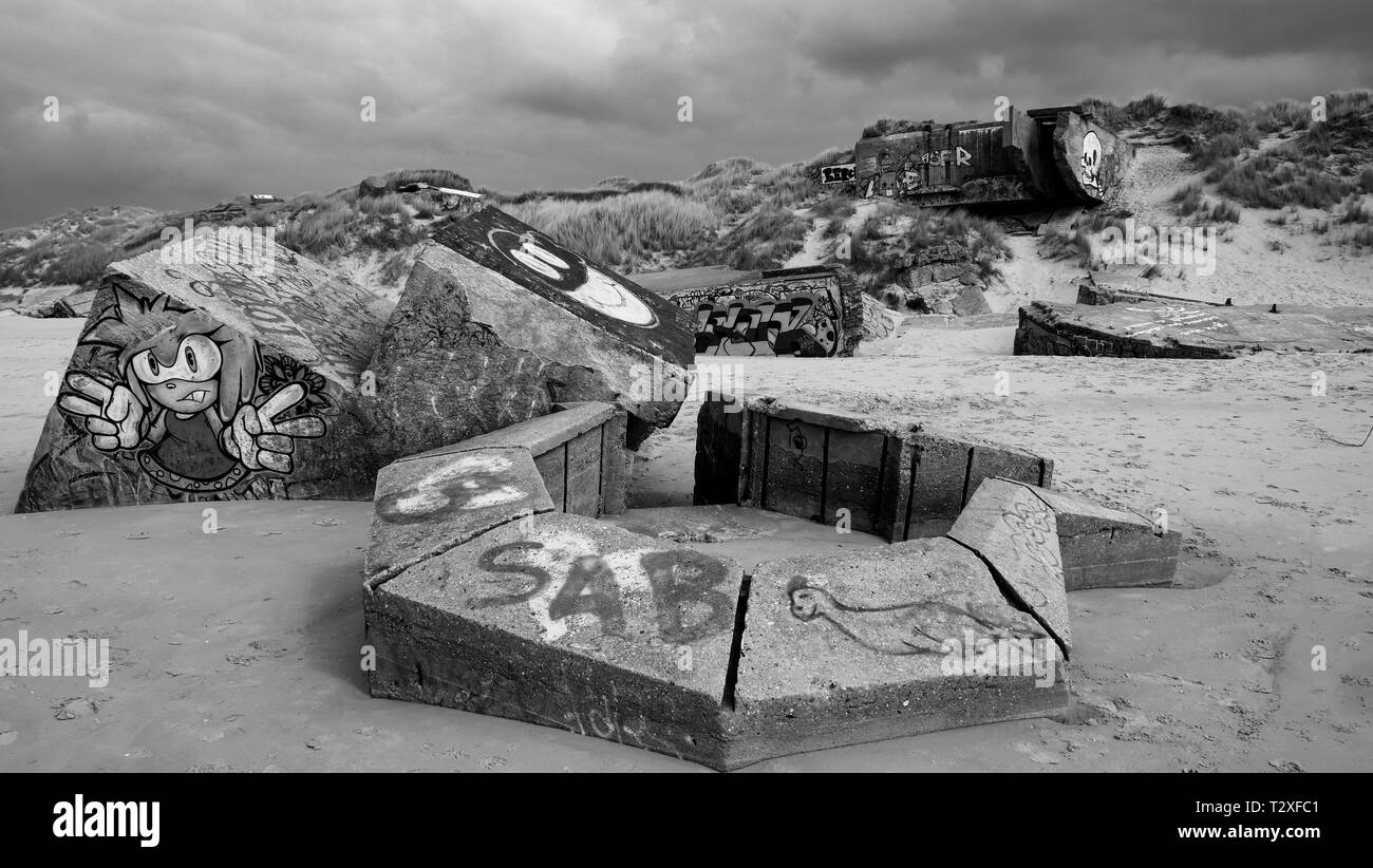WWII German bunkers, vestiges du Mur de l'Atlantique, Berck-Plage, hauts de France, France Banque D'Images