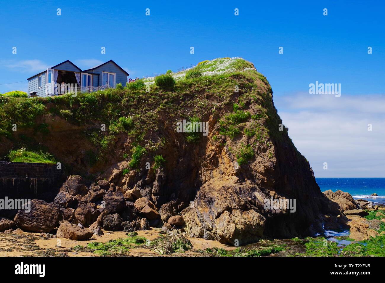 Blue Beach Hut au sommet d'une petite falaise à Hope Cove sous le soleil d'été. South Hams, Devon, UK. Banque D'Images