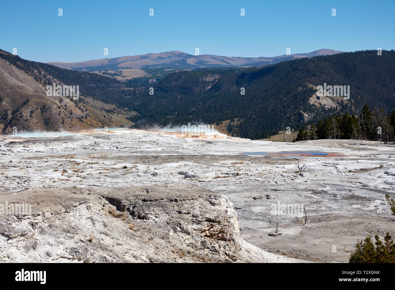 Les dépôts de minéraux à Mammoth Hot Springs avec vue sur les montagnes et les vallées du Parc National de Yellowstone Banque D'Images