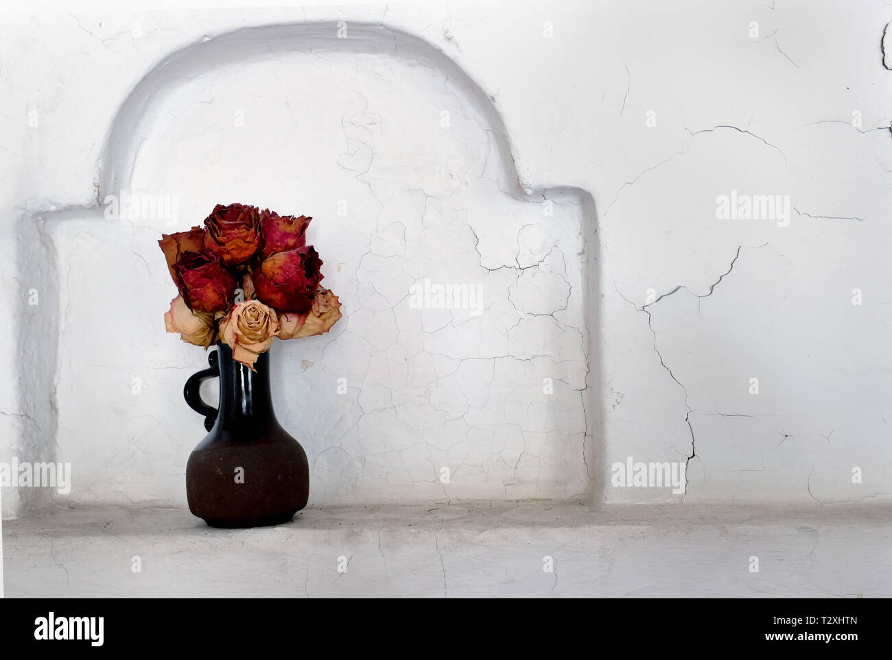 Dry roses dans un vase en céramique dans la niche murale Banque D'Images