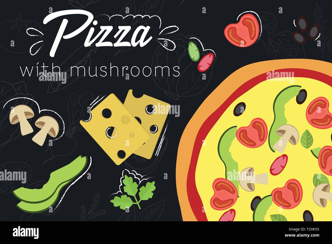 Recette de pizza. Pizza aux champignons. La cuisson des pizzas avec des ingrédients. Illustration de style plat. Dans Pizza style plat sur l'arrière-plan du tableau. Vector illu Illustration de Vecteur