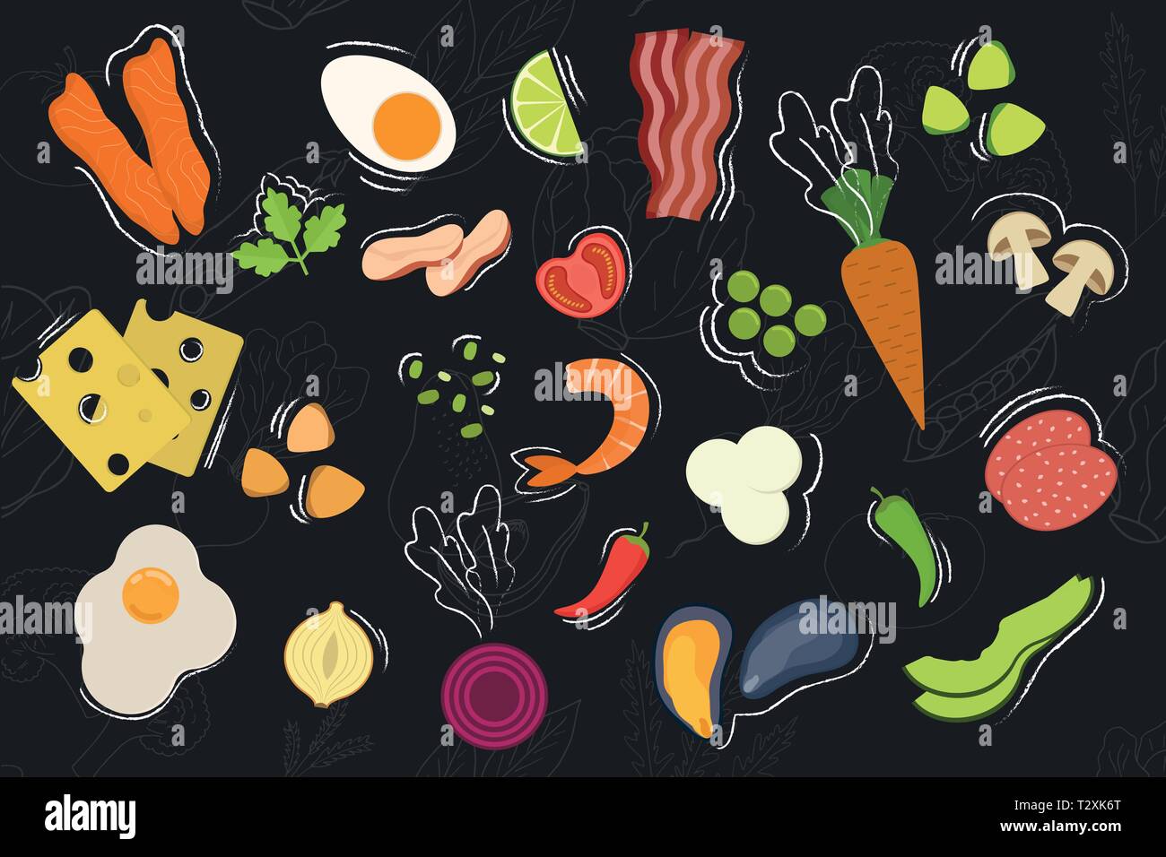 Ensemble d'icônes de style alimentaire télévision. Fruits, légumes, viande, poisson, pain, fromage, des bonbons. Collection d'ingrédients. Vector illustration Illustration de Vecteur