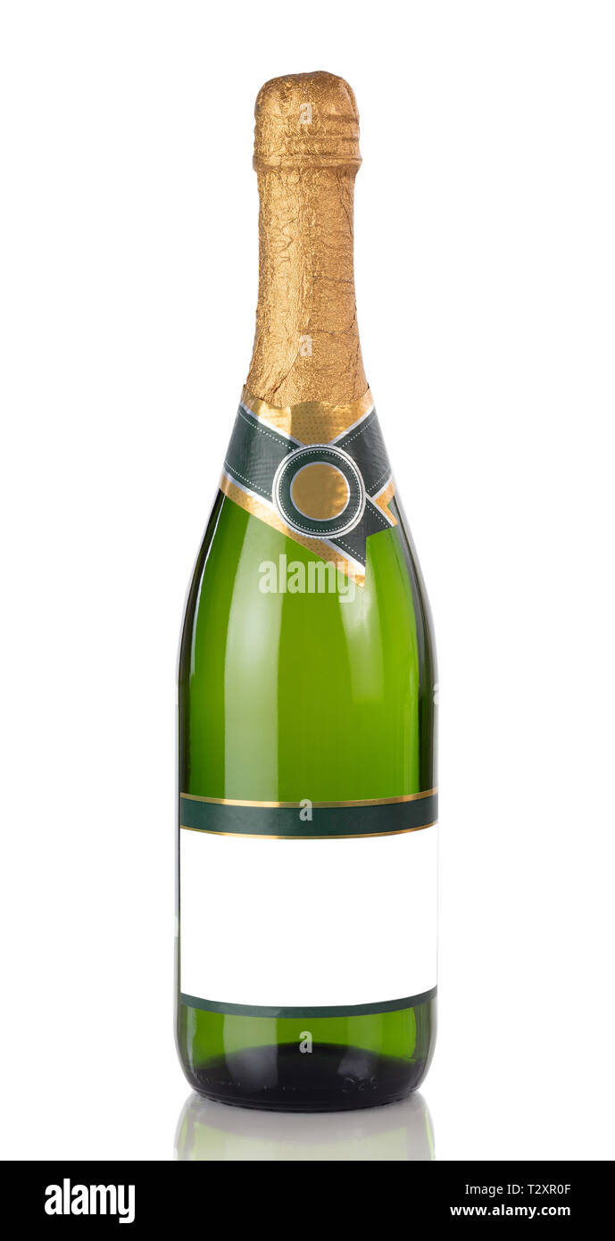 Bouteille de Champagne Unopen isolé sur un fond blanc avec réflexion en vue rapprochée Banque D'Images
