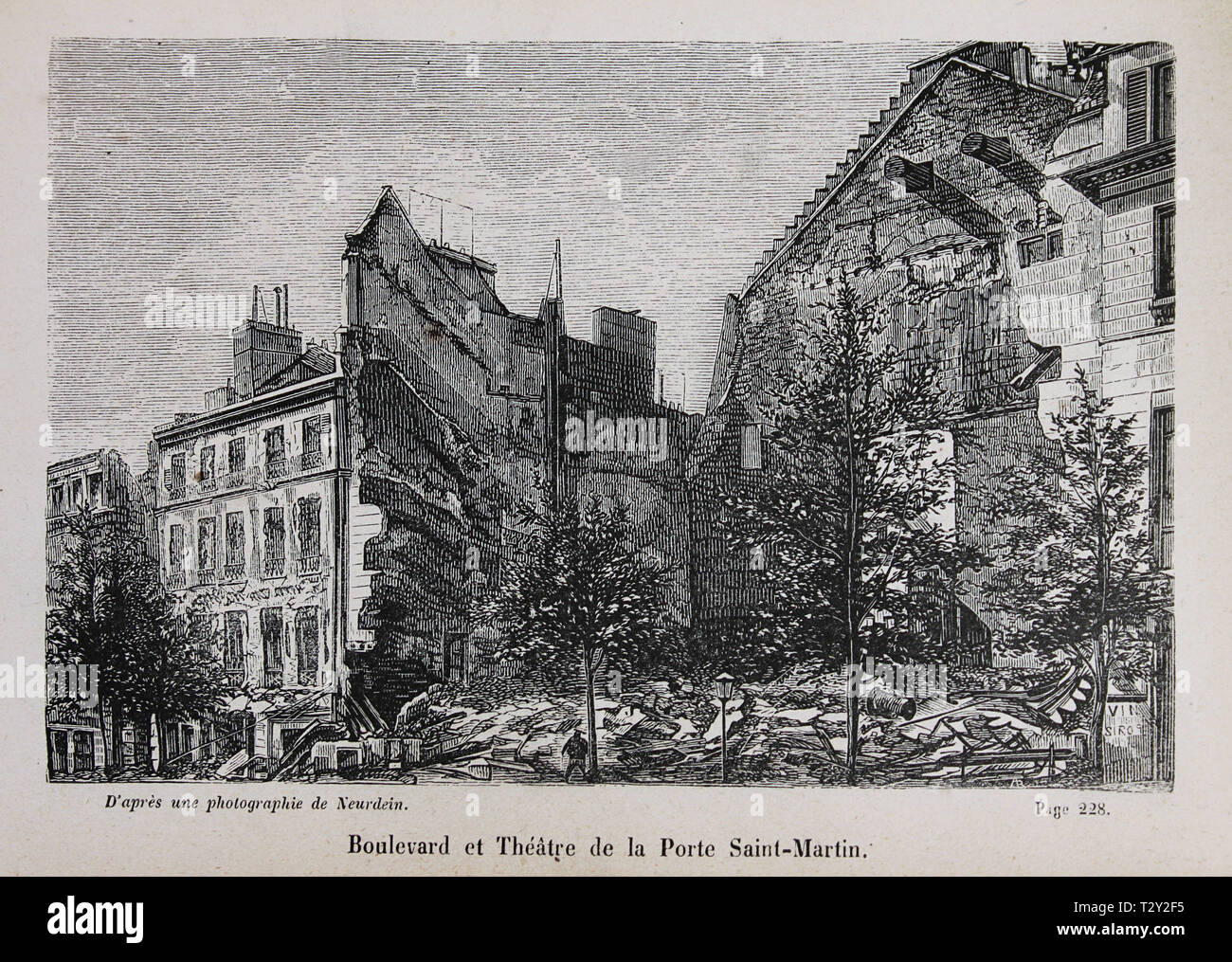 Les bâtiments détruits dans le Boulevard et le théâtre de la Porte Saint-Martin durant la Commune de Paris, 1871, gravure à partir d'une photographie. Banque D'Images