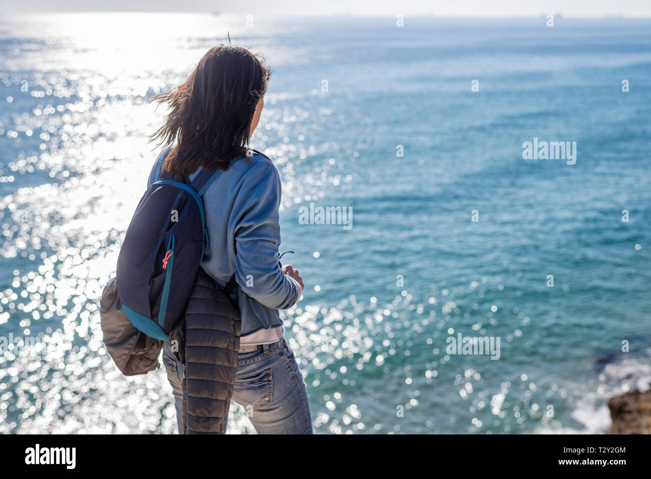 Vue arrière d'une femme debout tout en contemplant la vue sur la mer Banque D'Images