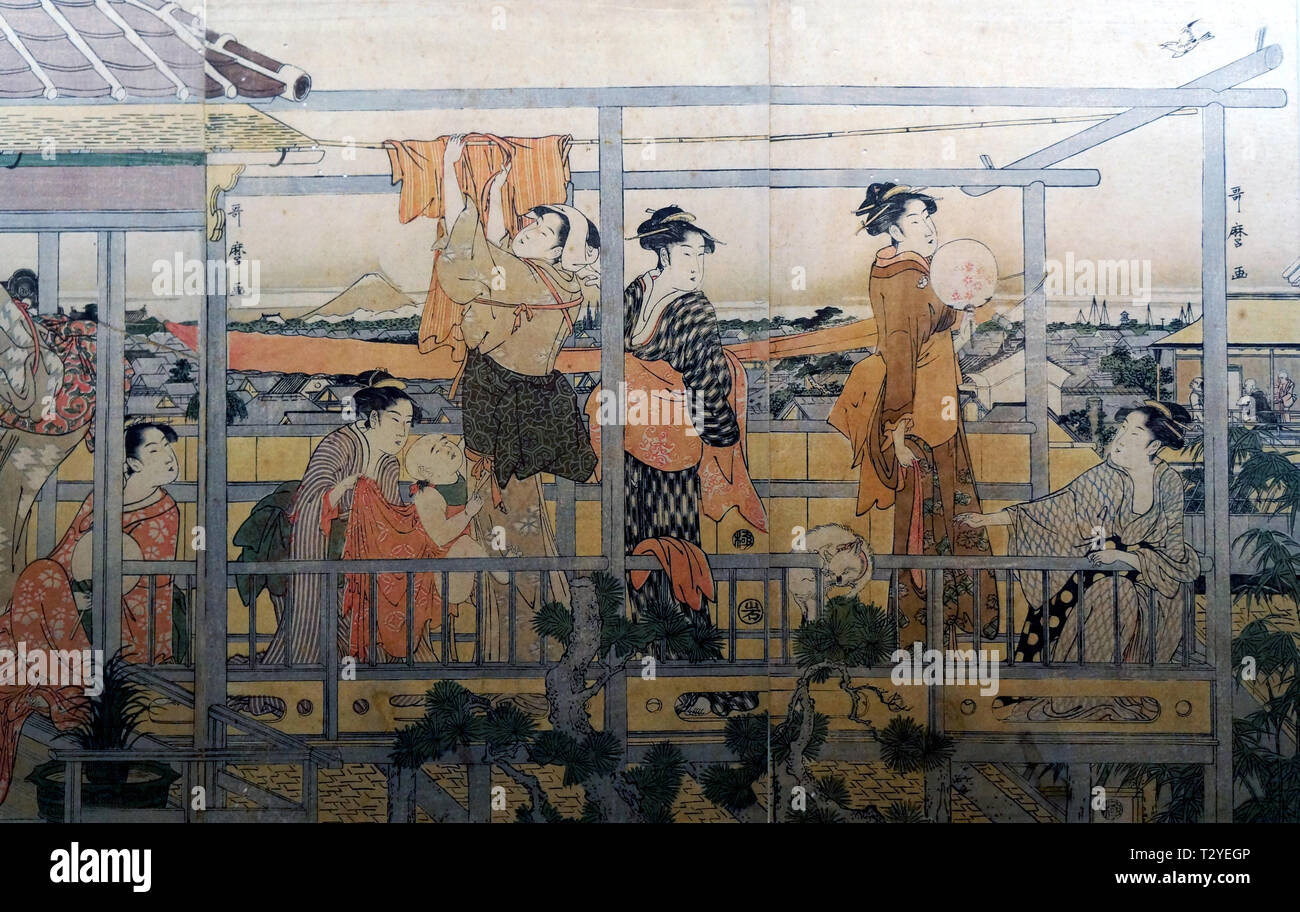 Étendre le linge (détail), par Kitagawa Utamaro, gravure sur bois, période Edo, 18e siècle Banque D'Images