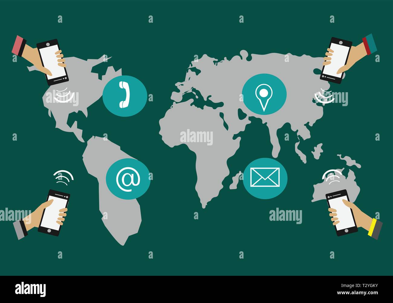 Hands holding phone communiquer partout dans le monde. Avoir une carte dans l'arrière-plan. Illustration de Vecteur
