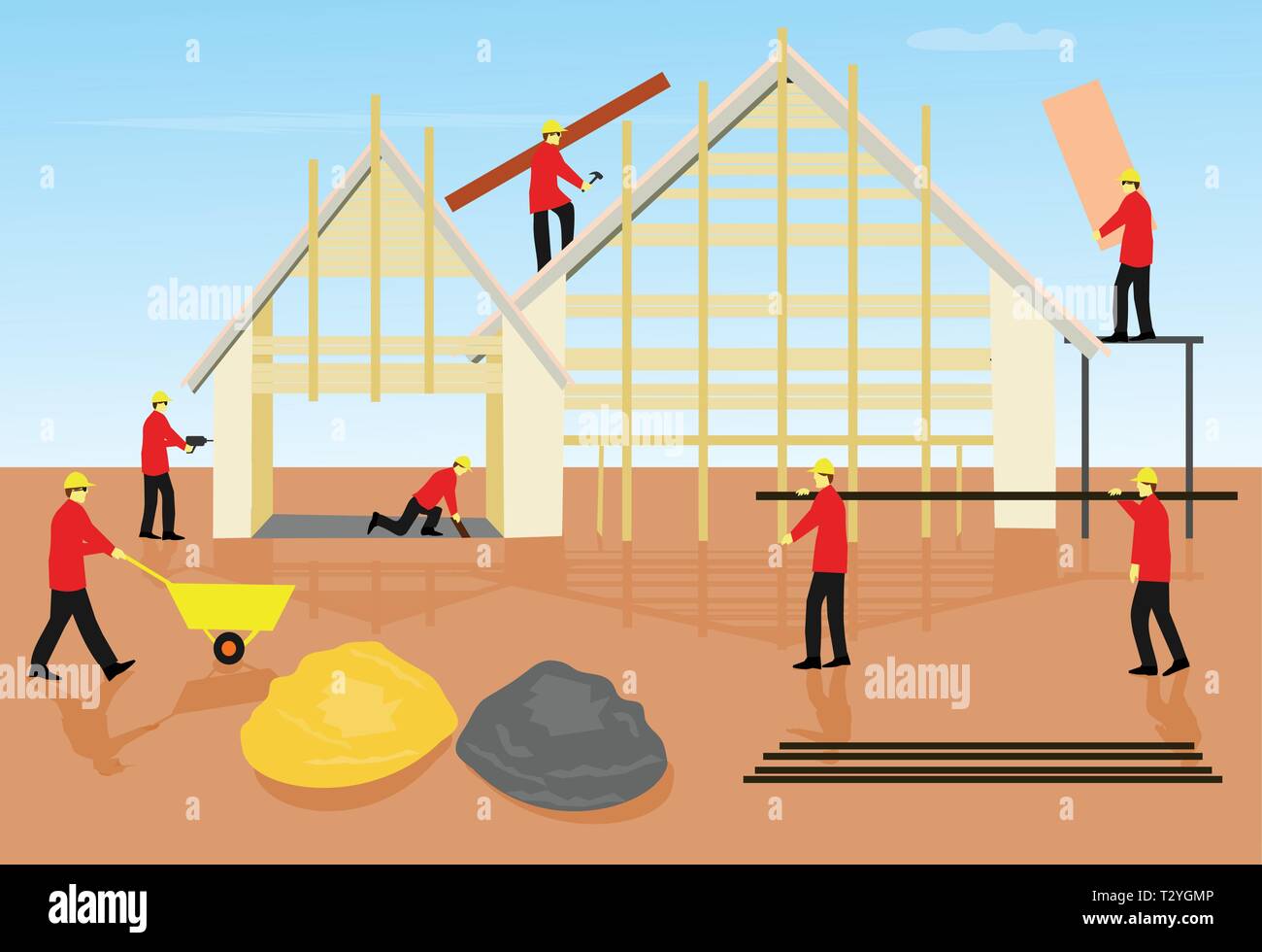Sept équipes de mécaniciens construisent des maisons sur un sol brun. Avec un ciel comme arrière-plan Illustration de Vecteur