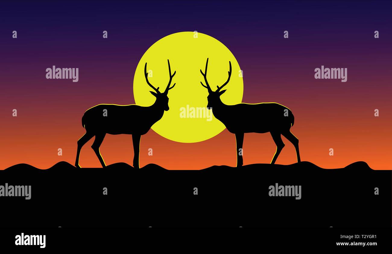 Silhouette de deux cerfs debout sur une montagne avec une lune jaune en arrière-plan. Illustration de Vecteur