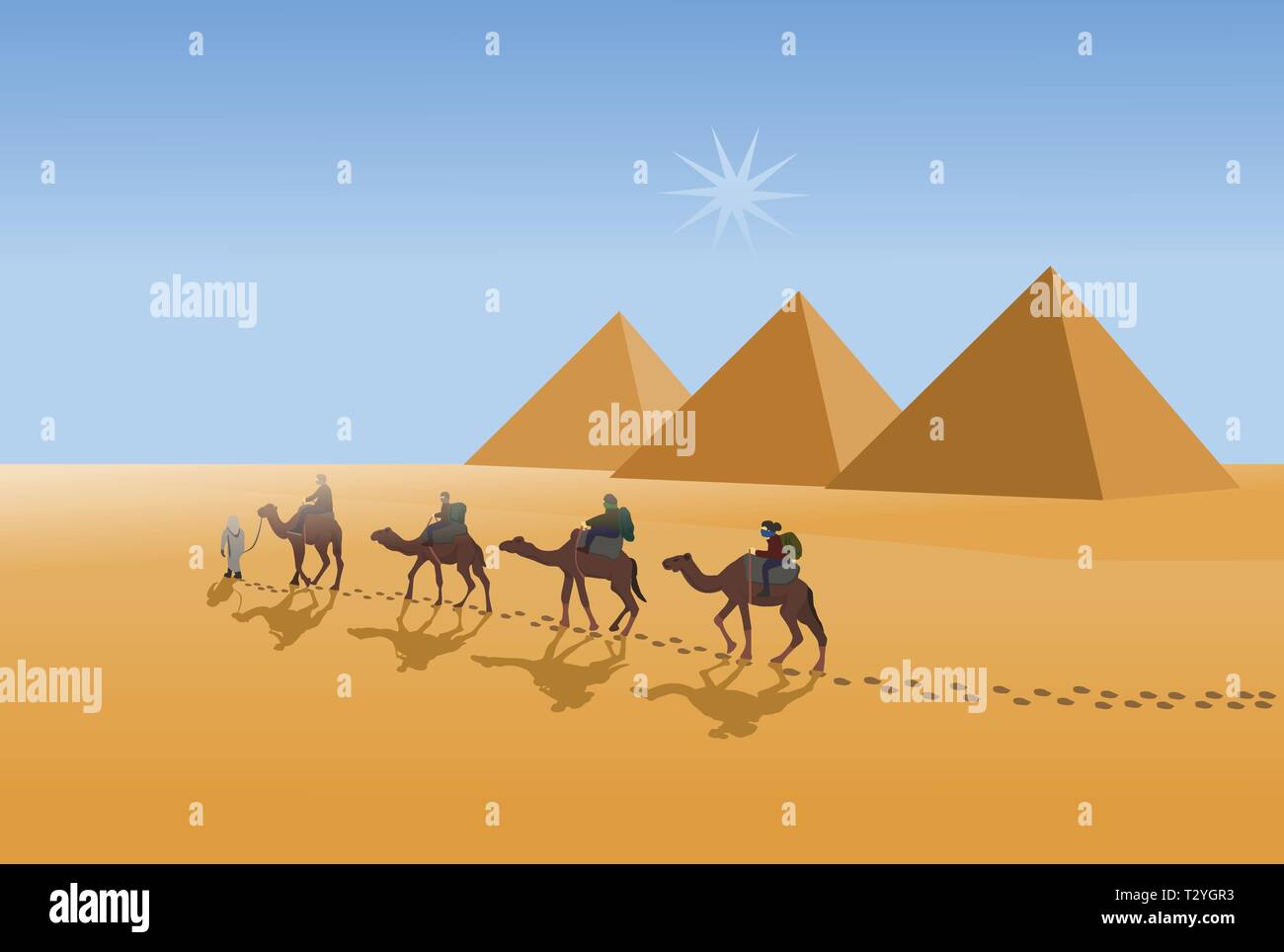 Quatre coureurs sont la randonnée chamelière dans le soleil chaud dans le désert avec pyramide et fond de ciel bleu Illustration de Vecteur