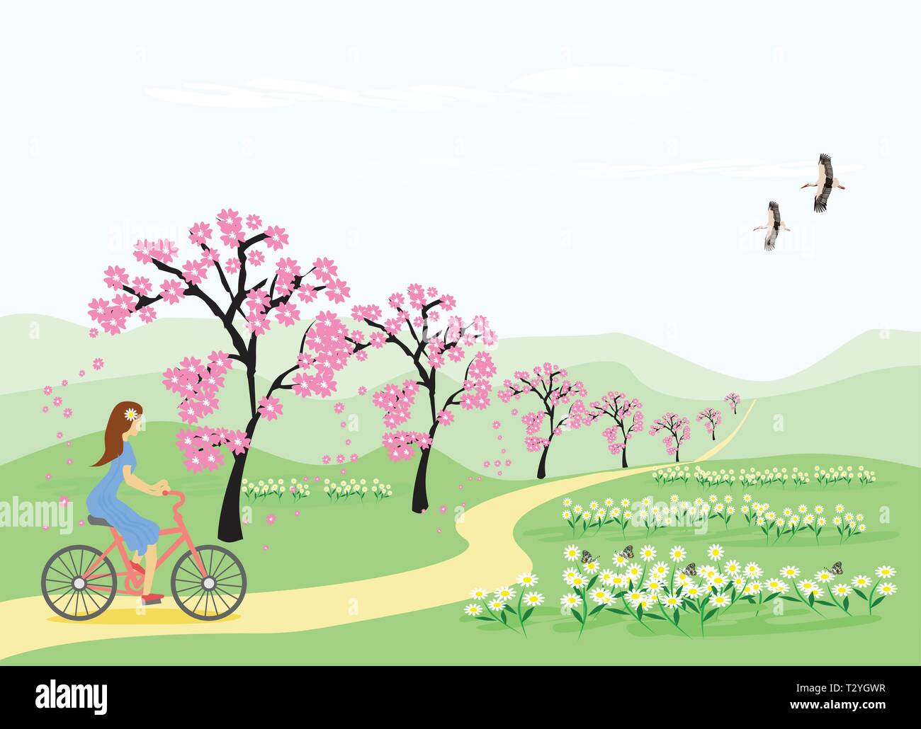 La jupe bleue femme est de rouler à vélo le long du chemin dans le jardin de fleurs et le cerisier. Avec un ciel blanc comme arrière-plan Illustration de Vecteur