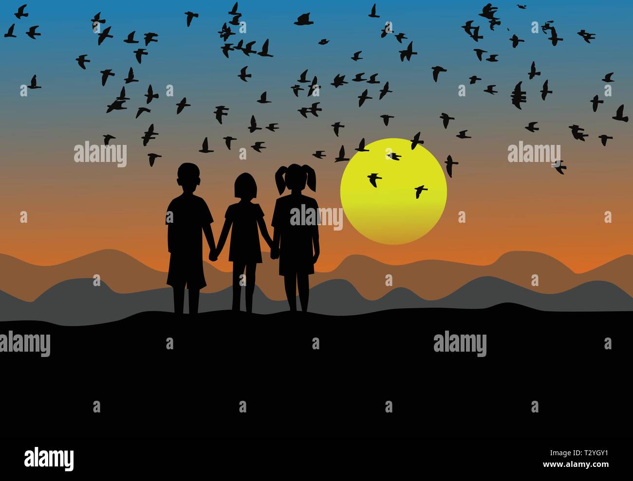 Silhouette de trois enfants se tenant au coucher du soleil il y a des oiseaux qui volent dans le ciel. Il y a une montagne dans l'arrière-plan. Illustration de Vecteur