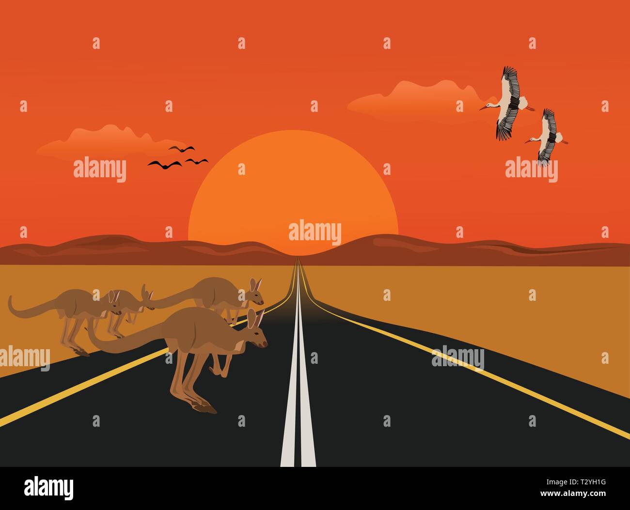 Le kangourou est exécuté sur une longue route dans le désert, avec les montagnes et les couchers de soleil que l'arrière-plan Illustration de Vecteur