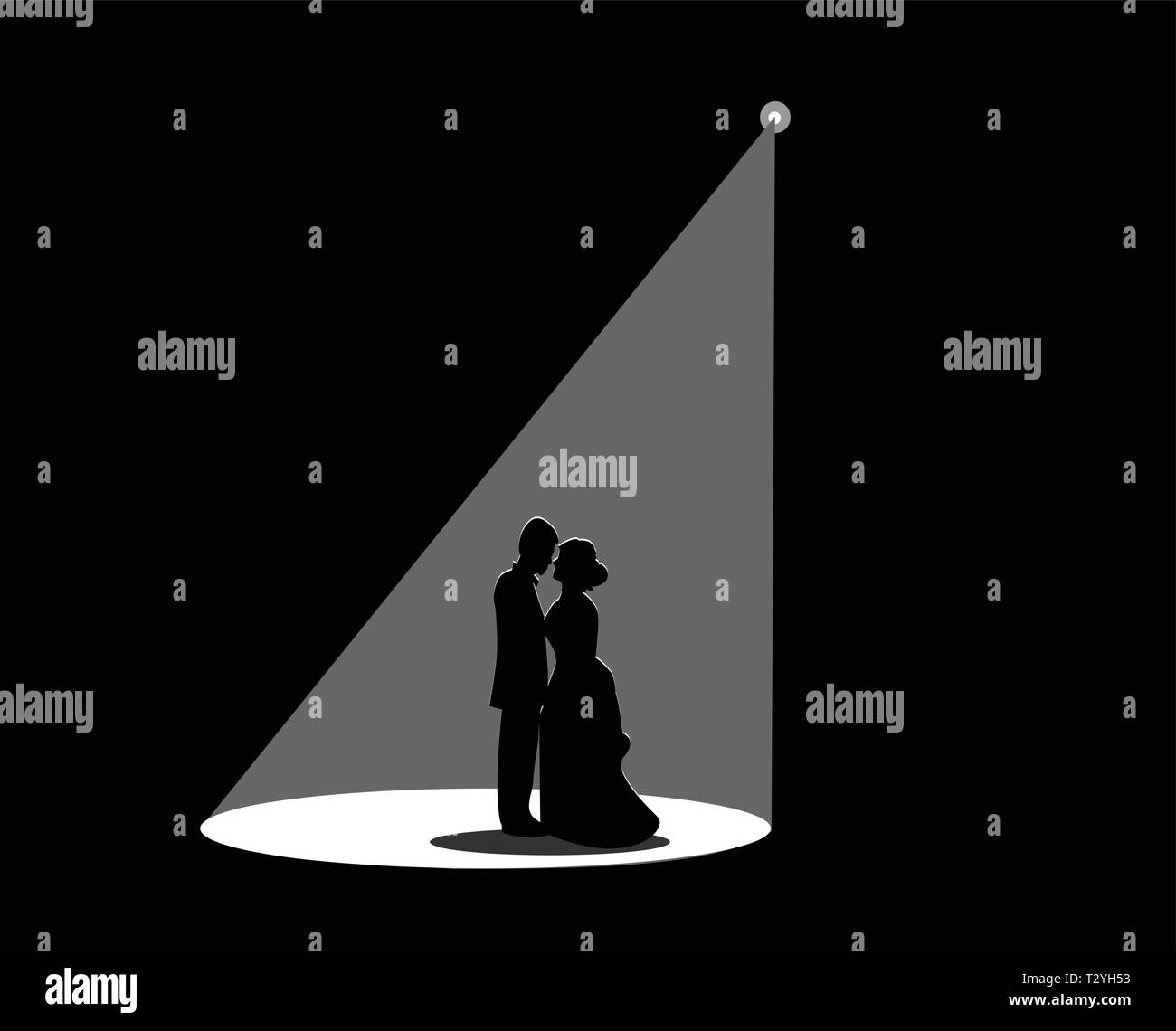 Silhouette noire d'un couple marié le spotlight blanc est éclaboussé vers le bas. Illustration de Vecteur