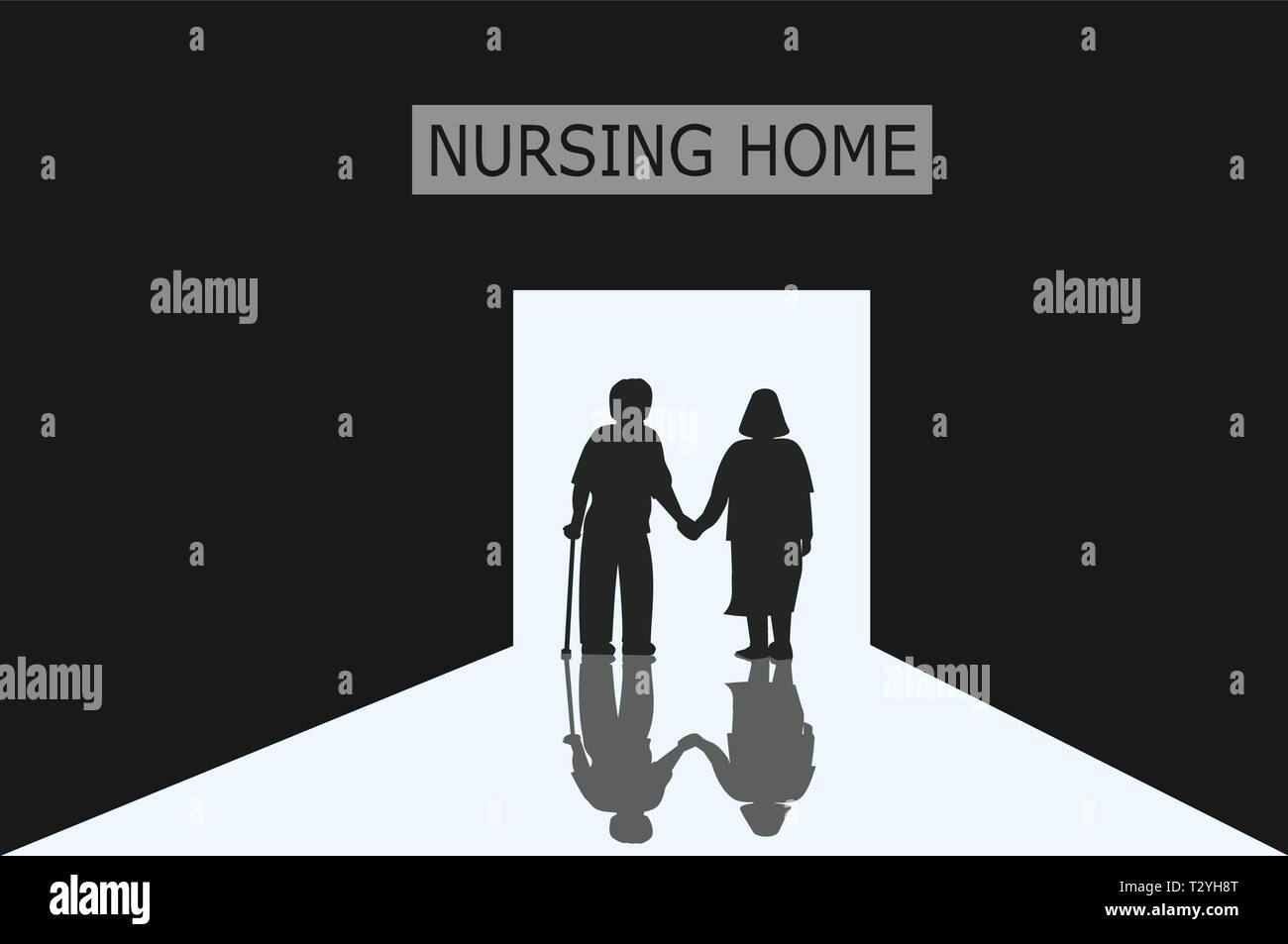 De vieux hommes et femmes qui sont des couples entrent dans la porte de la maison de soins infirmiers avec la lumière, le noir et blanc photo Illustration de Vecteur