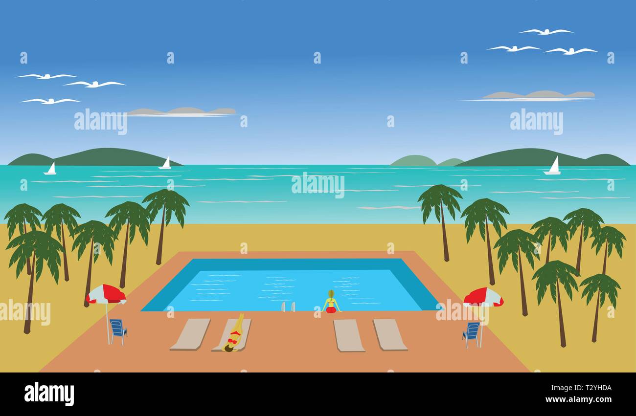 L'emplacement de la piscine a cocotiers autour. La mer et le ciel bleu sont l'arrière-plan. Illustration de Vecteur